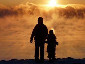 Fog Lake Golden Family Father Son Mist Sunrise